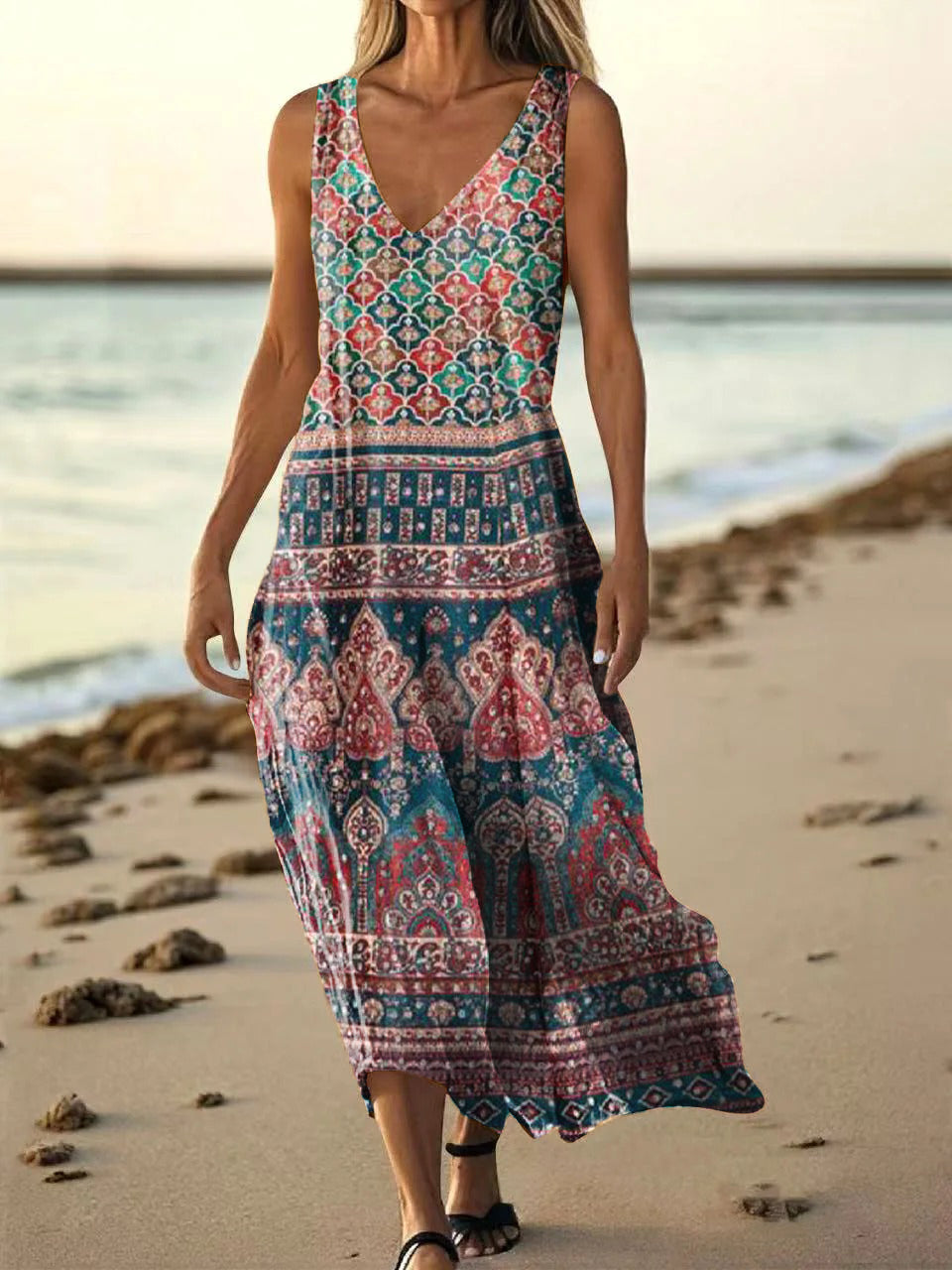 Women's Vintage Ethnic Floral Art Print Pocket Cotton Dress