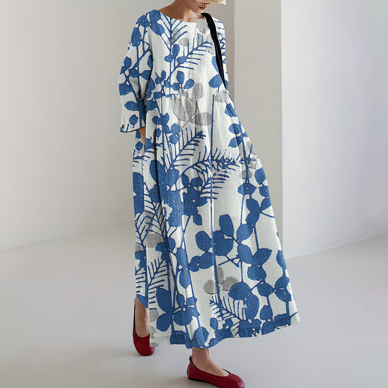 Comstylish Vintage Floral Print Round Neck Loose Midi Dress