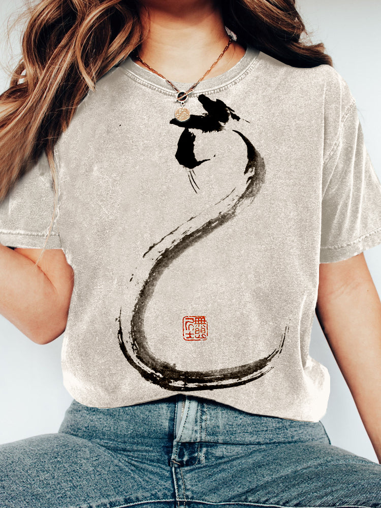 Japanese Minimalist Cat Art Vintage Washed T Shirt elevenforest