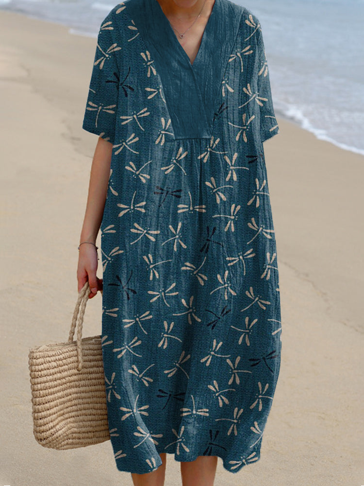 Dragonfly Print Linen Blend Vintage Dress