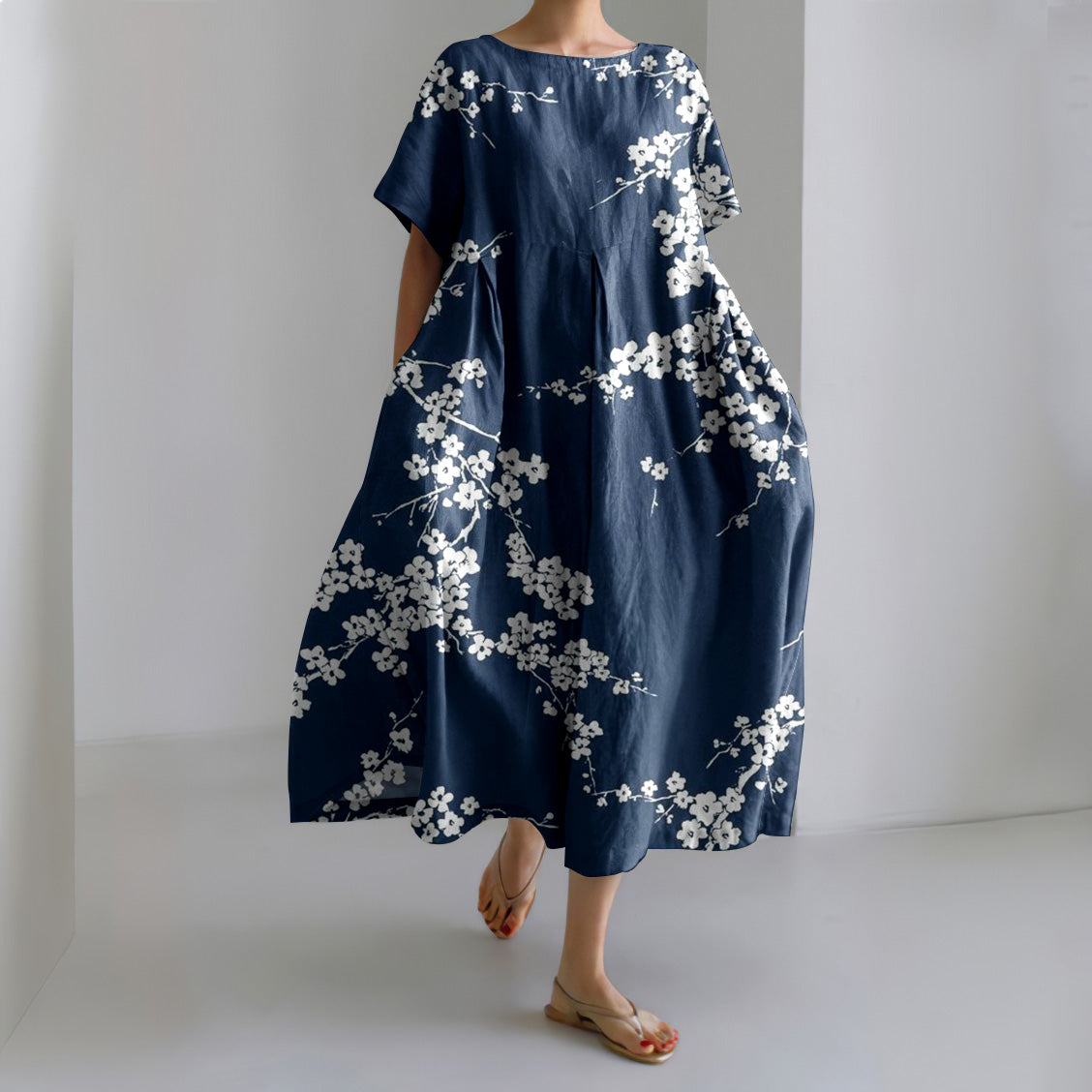Comstylish Women Japanese Floral Art Printed Crew Neck Midi Dress