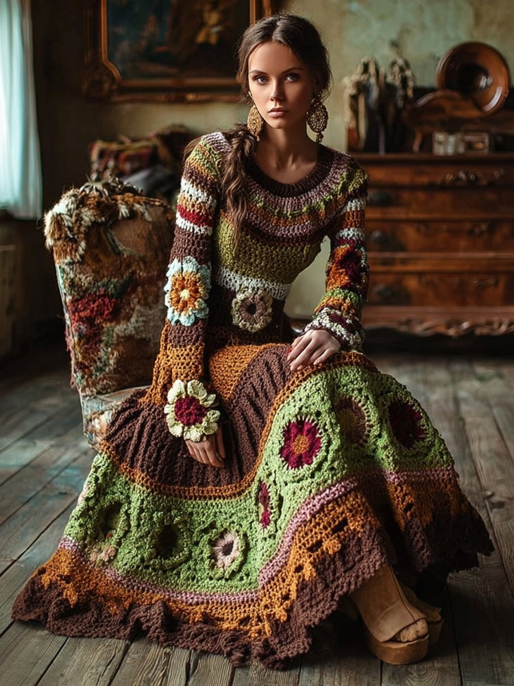 Vintage Bohemia Flower Crochet Patchwork Maxi Sweater Dress artswardrobe