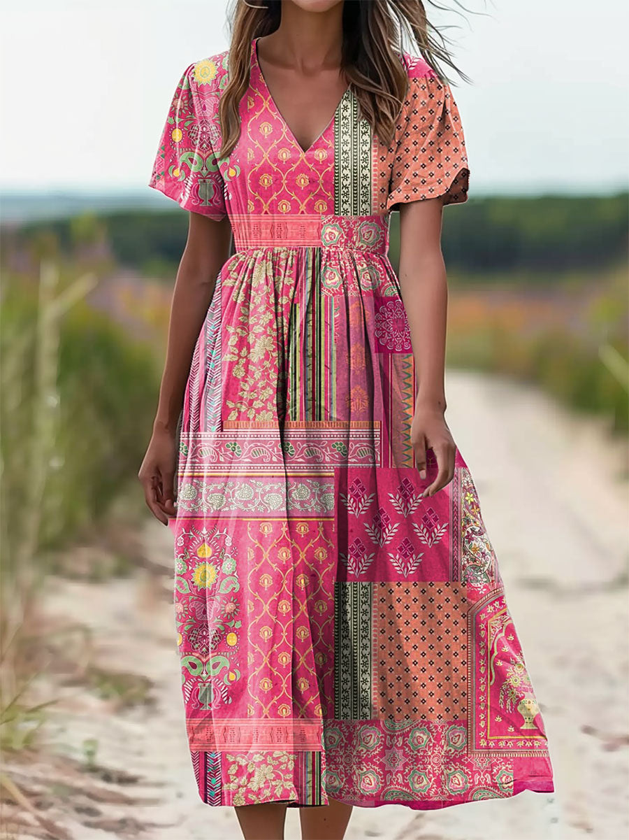 Women's Folk Floral Patchwork Art Pattern Print V-Neck Short Sleeve Po