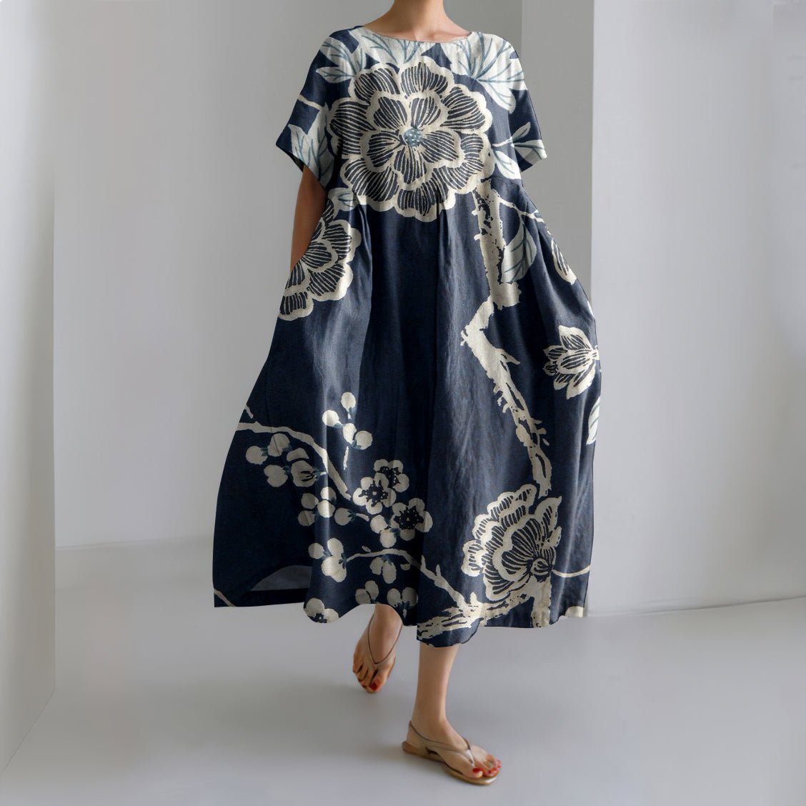 Comstylish Japanese Plum Bossom Printed Linen Blend Maxi Dress