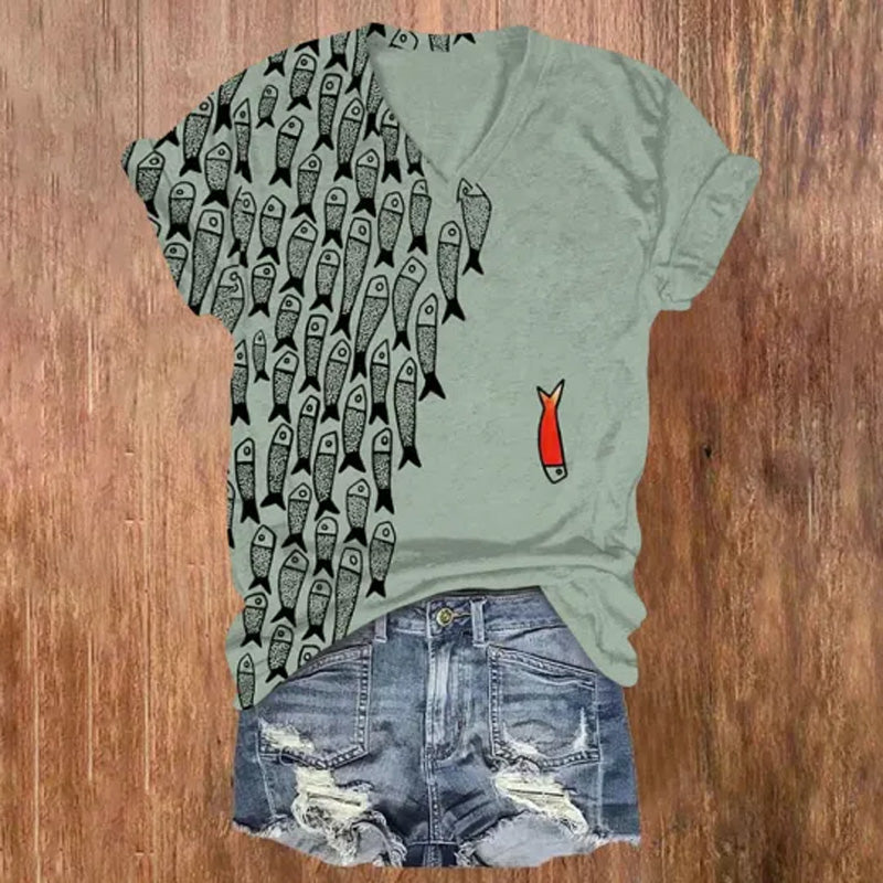 Comstylish Cute Simple Lines Abstract Geometric Fish Art Print V-neck T-shirt