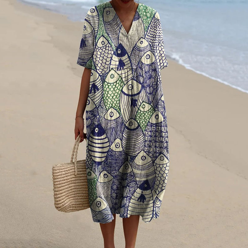 Comstylish Women's Japanese Fish Watercolor Splash Fluid Art Print Flowy Dress