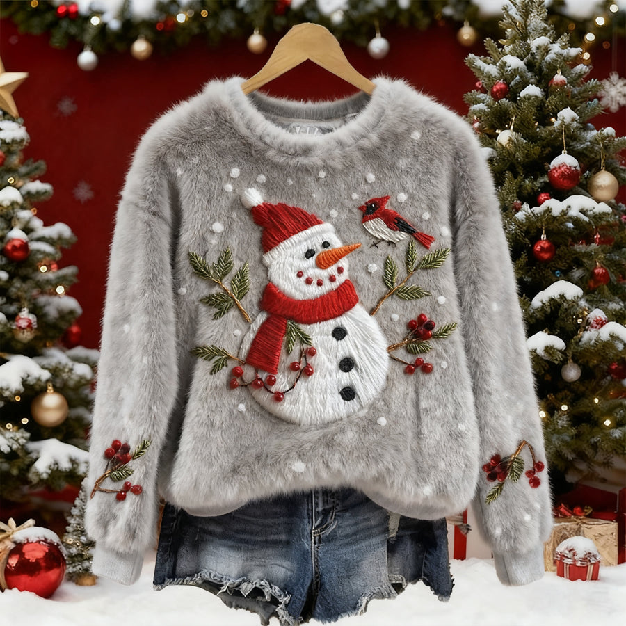 Comstylish Women's Christmas Snowman Flower And Bird Embroidery Art Plush Sweatshirt