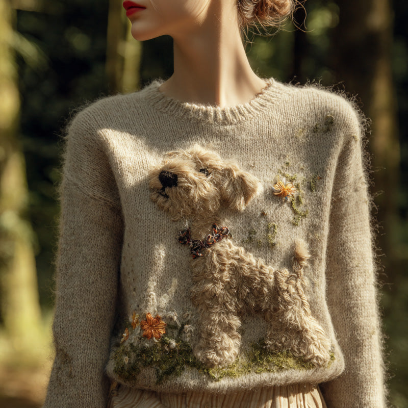 Women's Vintage Mohair Dog Embroidered Sweater artswardrobe