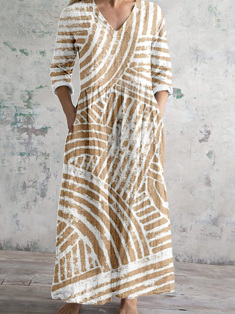 Comstylish Soft Abstract Lines Pattern Linen Maxi Dress
