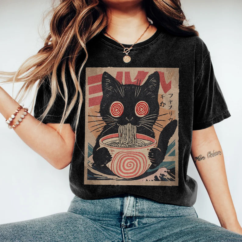 Japanese Ramen Cat Print Women's T-shirt elevenforest