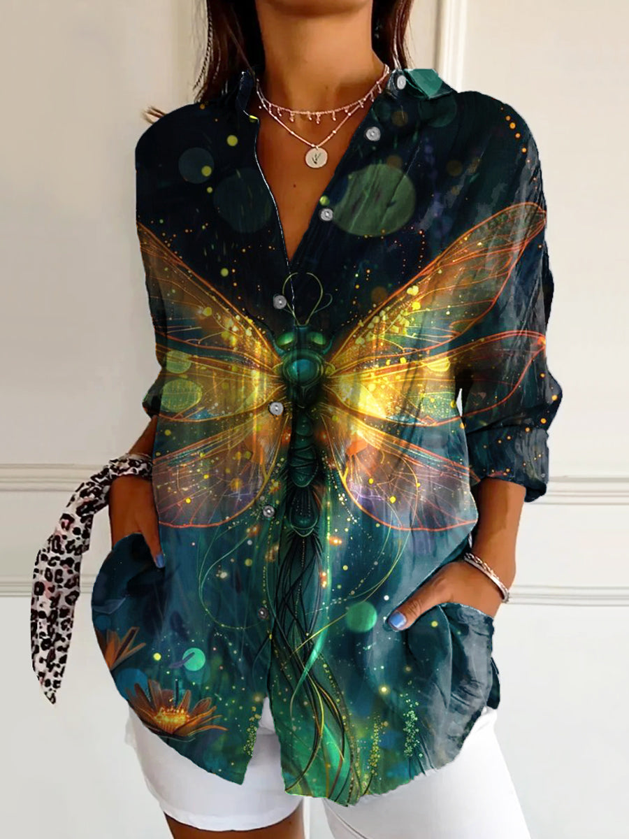 Women's Vintage Dragonfly Art Print Casual Cotton Shirt