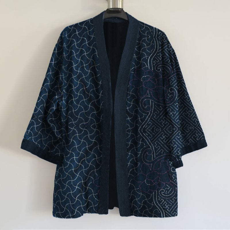 Comstylish Japanese Traditional Sashiko Art Print Linen Blend Kimono Cardigan