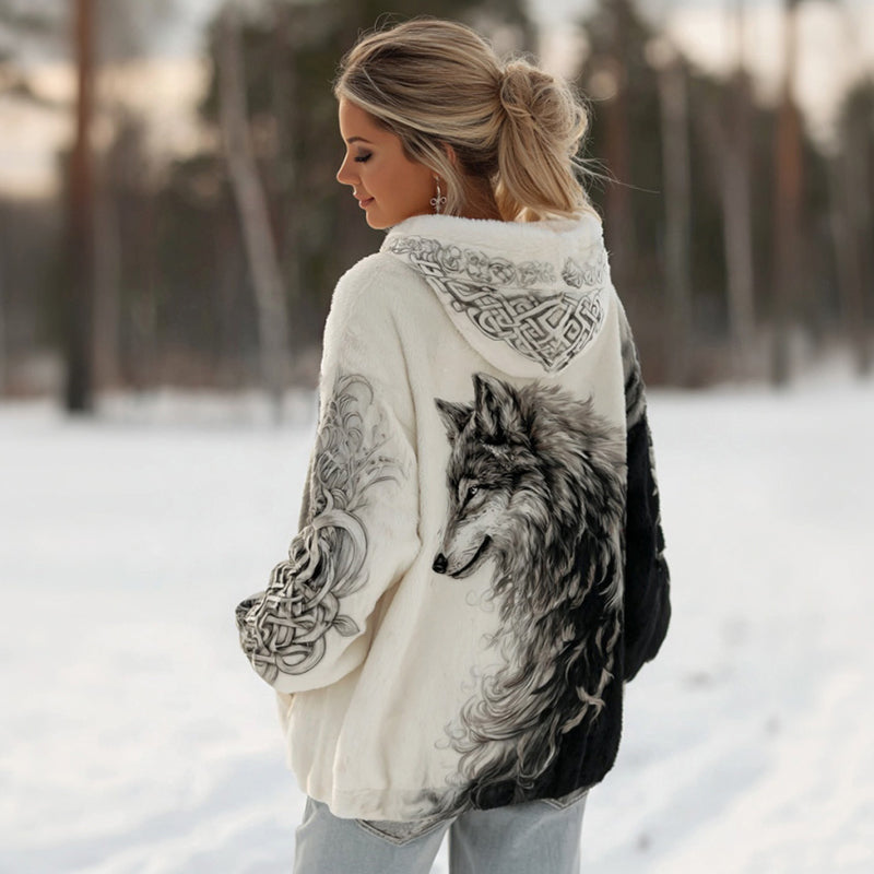 Comstylish Women's Viking Celtic Knot And Wolf Pattern Color Block Comfortable Plush Hoodie