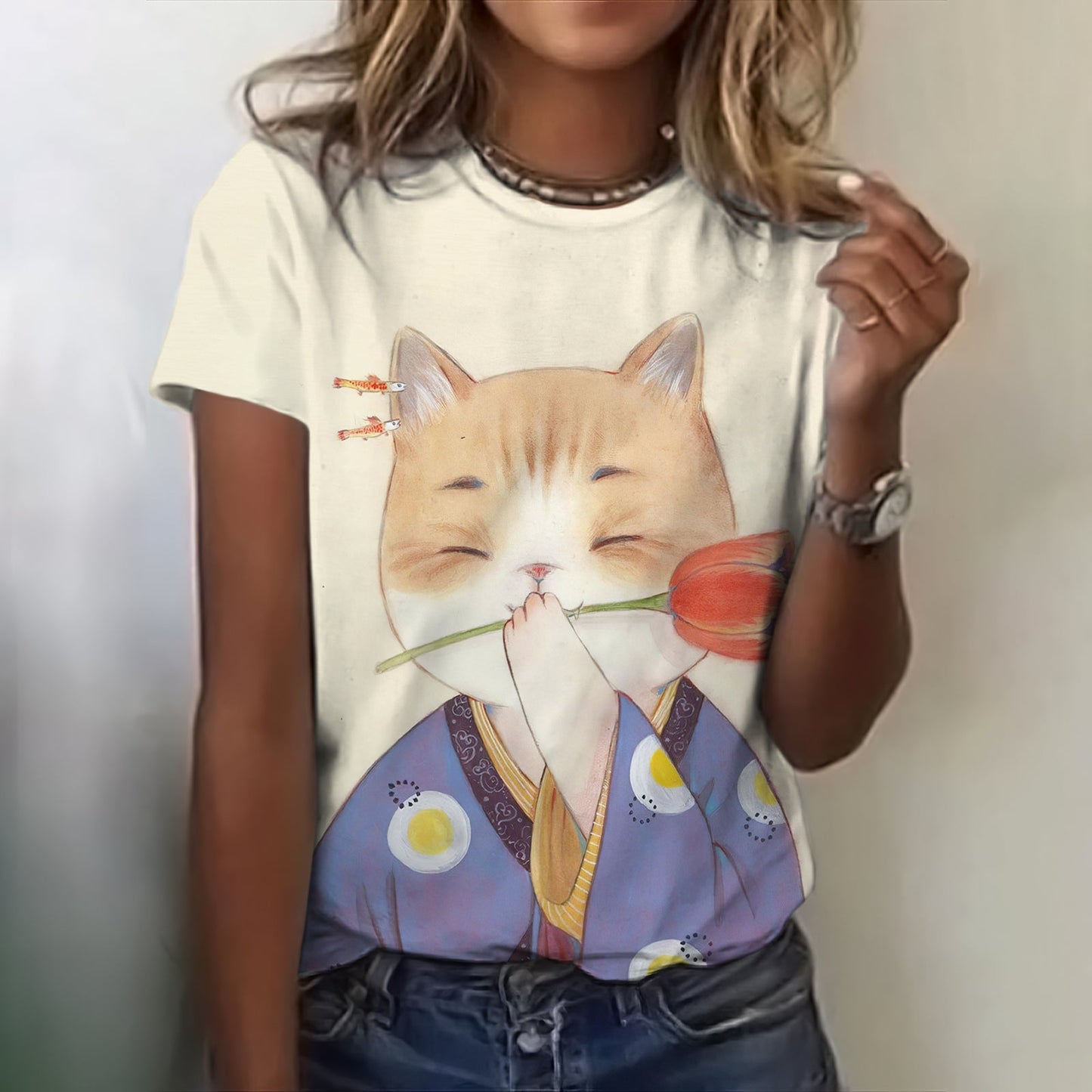 Fun Cat Wearing Kimono Holding A Rose Print T-shirt elevenforest