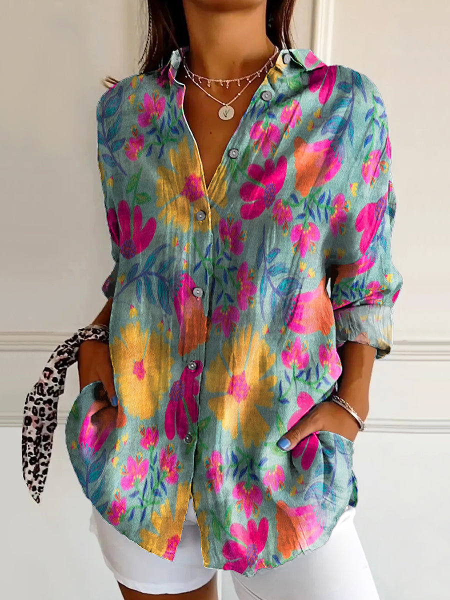 Women's Bohemian Watercolor Floral Art Print Casual Cotton Shirt