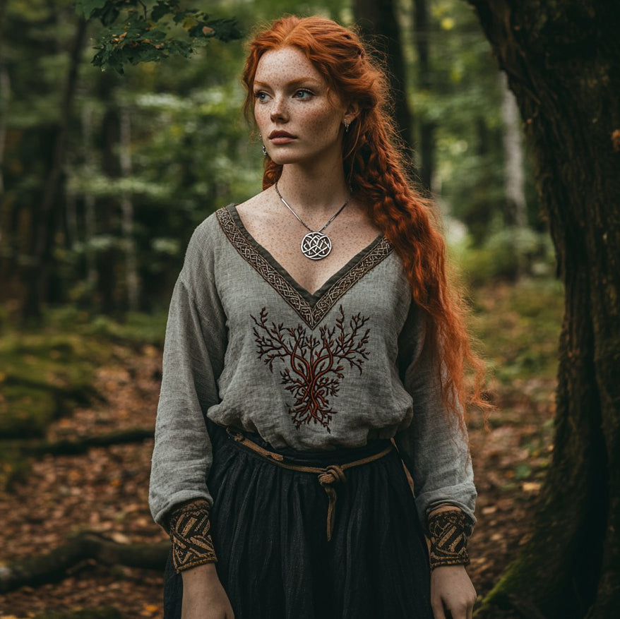 Tribal Viking Life Of Tree Embroidery Cotton And Linen V-neck Loose Shirt artswardrobe