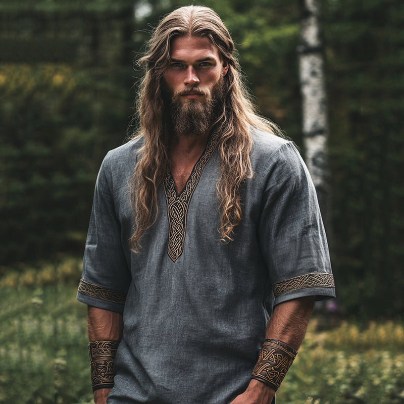 Men's Viking Tribal With Celtic Knotwork Embroidered Linen T-shirt artswardrobe