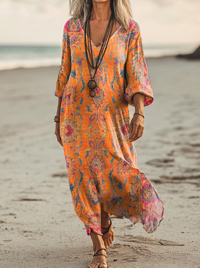 Women's Retro Totem Folk Flower Art Print Pocket Cotton Dress