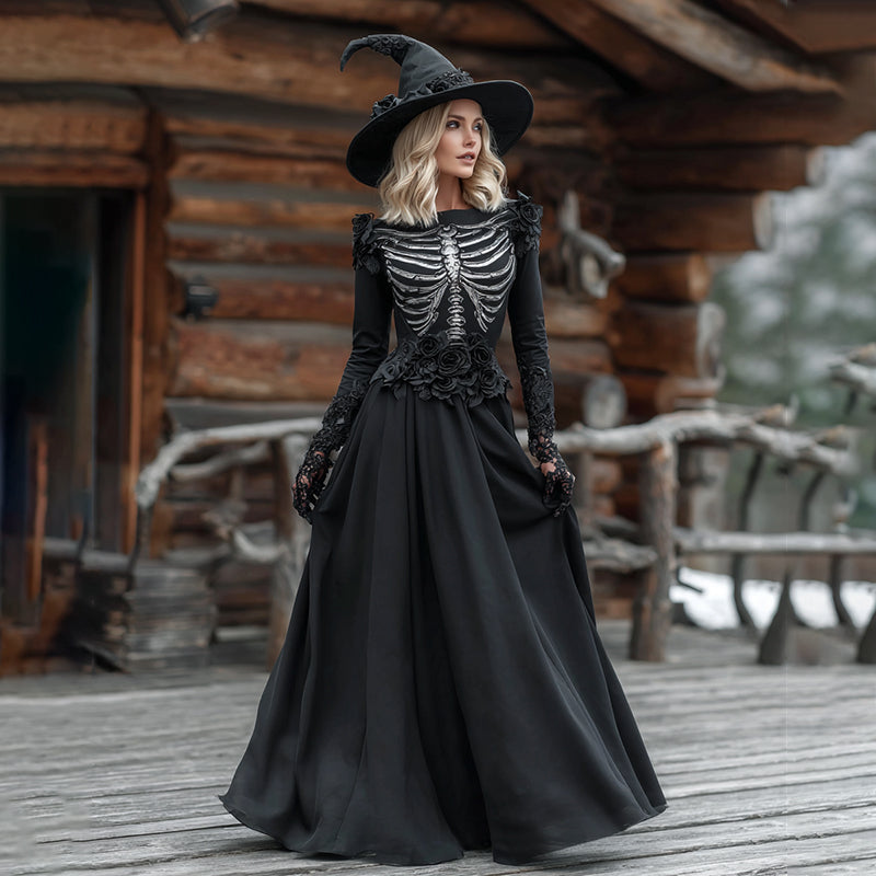 Comstylish Retro Skull Black Rose Pattern Casual Round Neck Maxi Dress