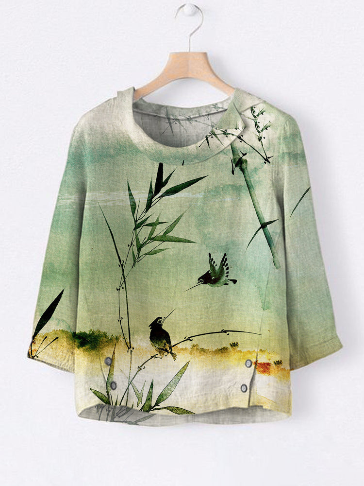 Comstylish Japanese Bamboo & Bird Print Linen Lapel Shirt