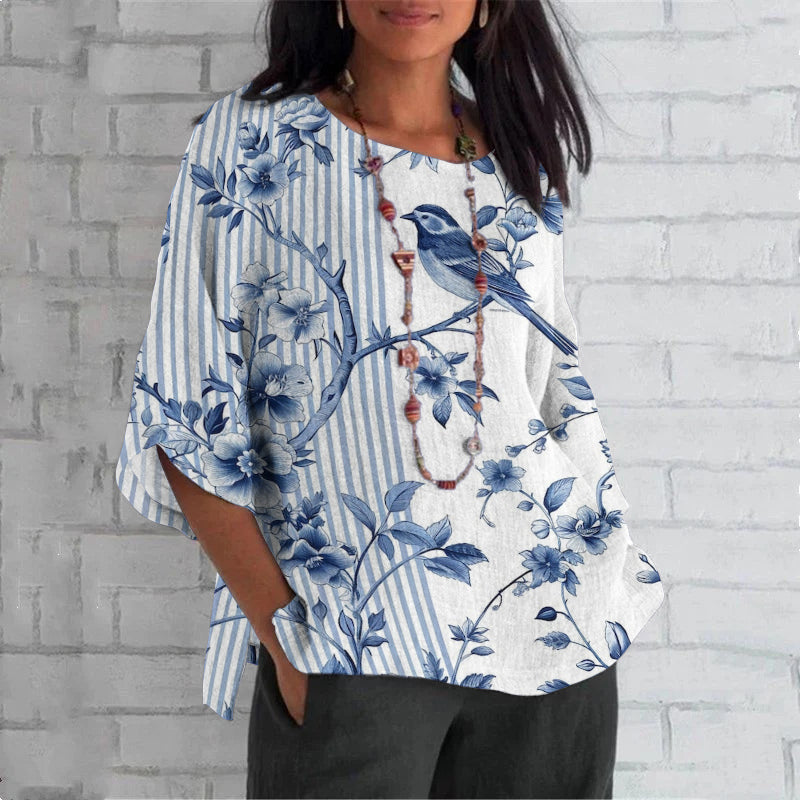 Comstylish Flower And Bird Stripe Art Print Crew Neck Loose T-shirt