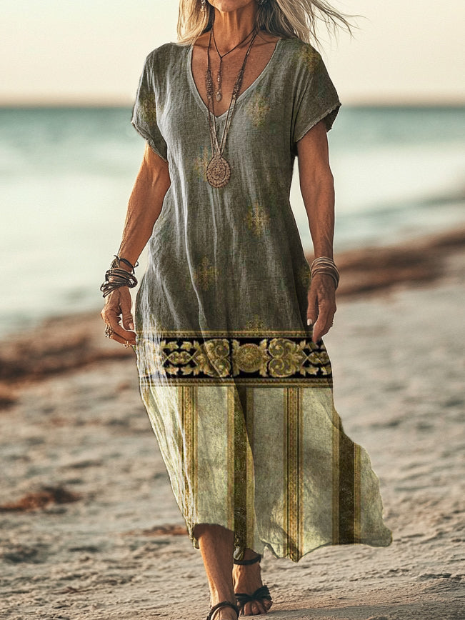 Women's Bohemian Floral Art Print Pocket Cotton Dress