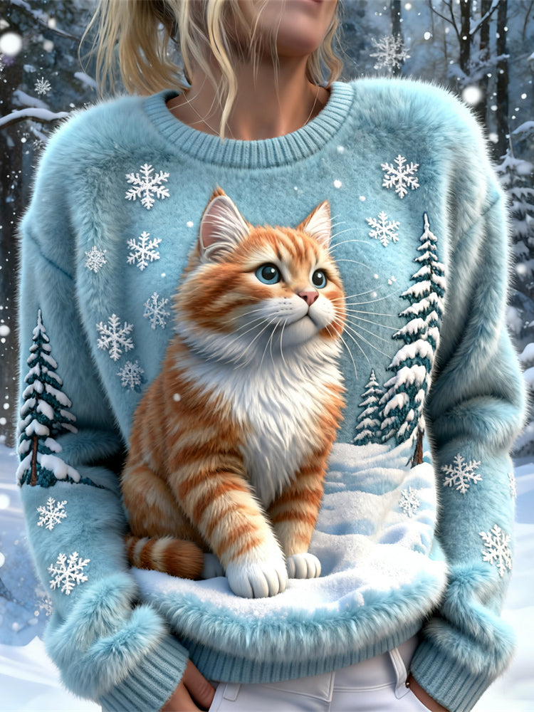 Comstylish Winter Cute Cat Design Women's Soft Plush Sweater