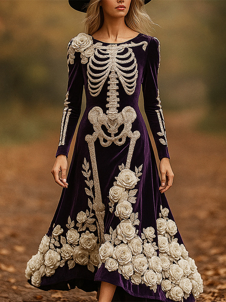 Comstylish Day Of The Dead Skeleton Floral Art Women's Flannel Maxi Dress