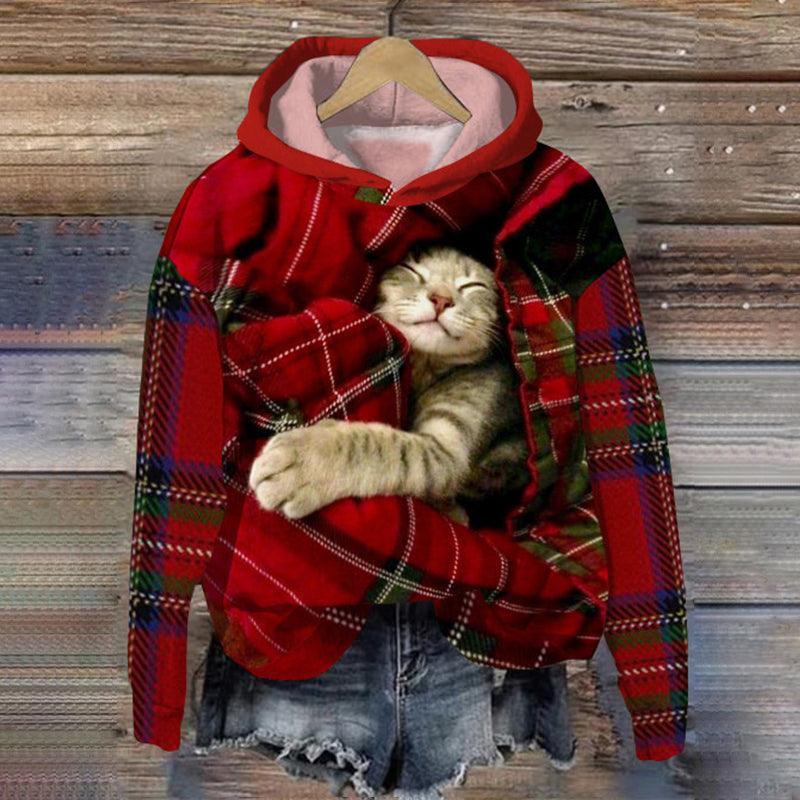 Comstylish Check Cat Print Long Sleeve Casual Hoodie