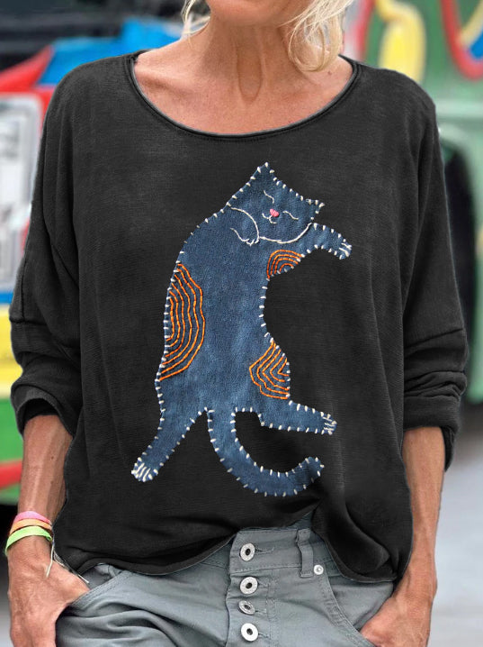 Comstylish Women's Cute Cat Patchwork Art Long Sleeve T-shirt
