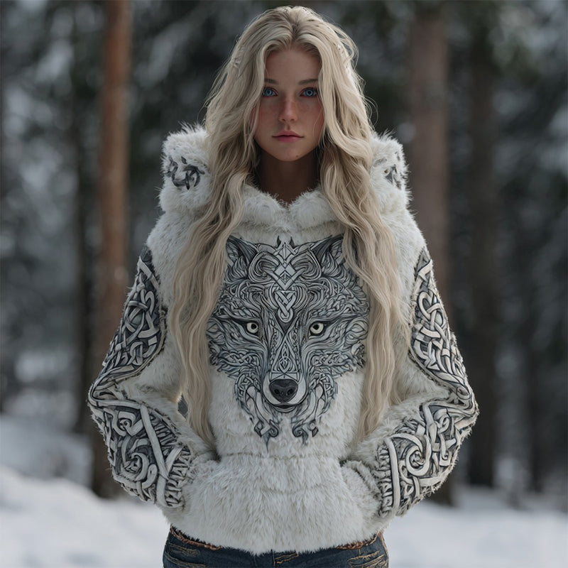 Comstylish Women's Vintage Viking Celtic Knot And Wolf Pattern Plush Hoodie