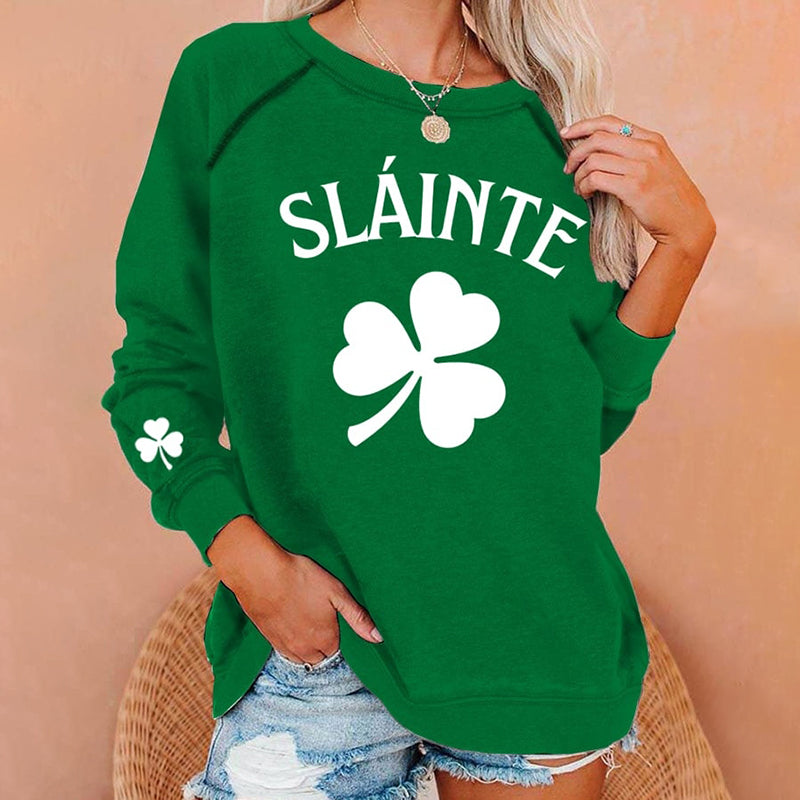 Comstylish St. Patrick's Day Slainte Clover Print Crew Neck Casual Sweatshirt