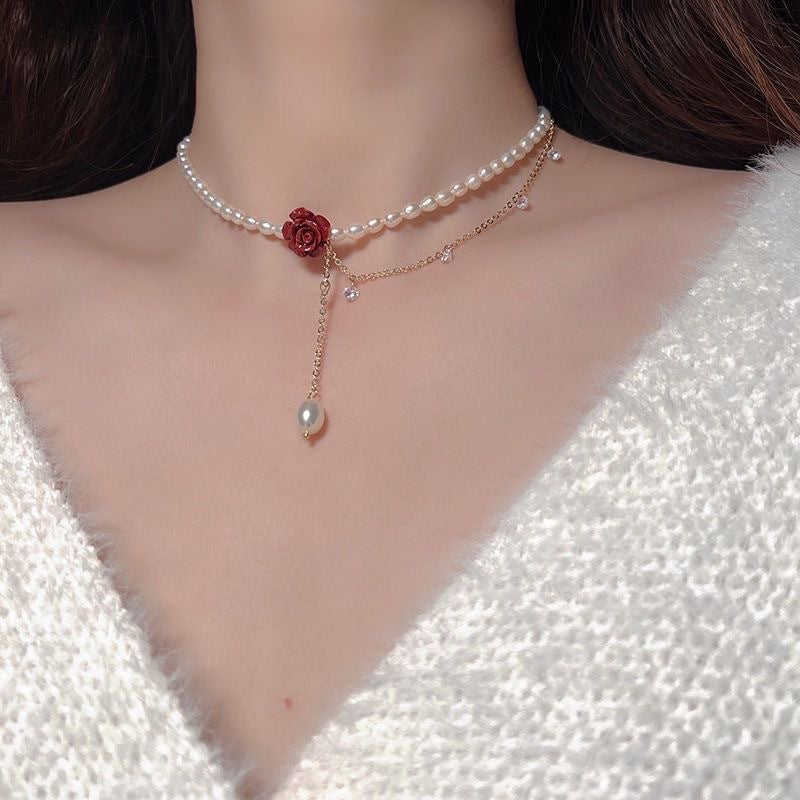 Comstylish Vintage Alloy Pearl Rose Necklace