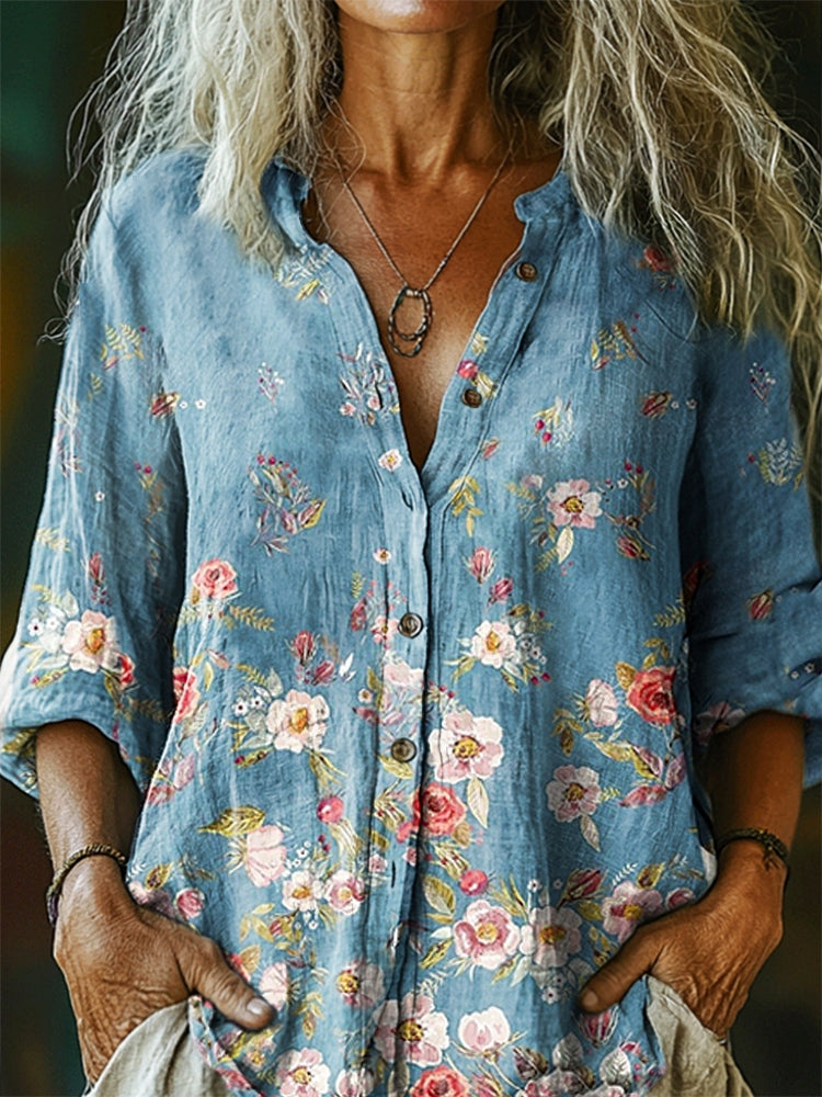 Women's Floral Pattern Art Print Casual Cotton Linen Shirt