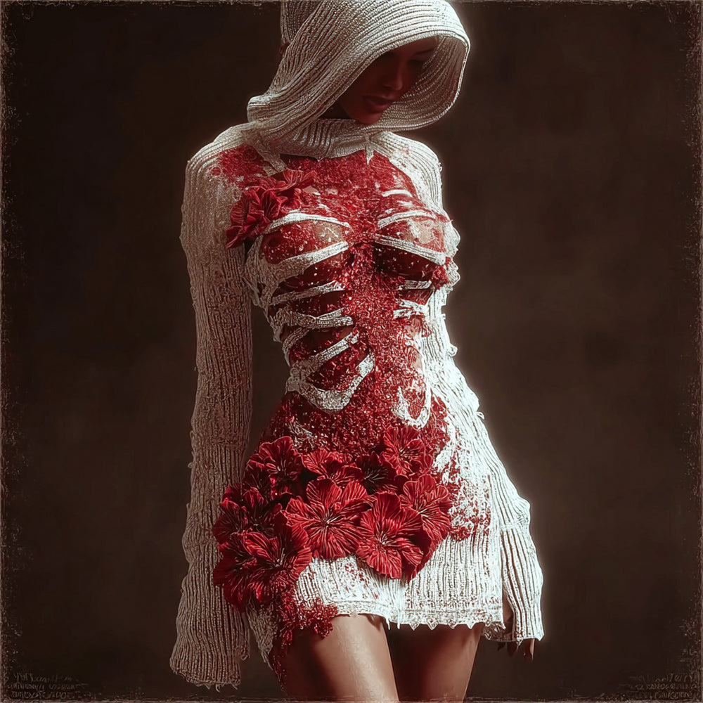 Halloween Bandage & Floral Art Women's Knit Hooded Mini Dress artswardrobe