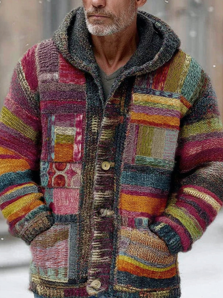 Men's Vintage Colorblock Patchwork Cozy Knit Jacquard Fairman Island Jacquard Thick Warm Hooded Sweater Cardigan artswardrobe