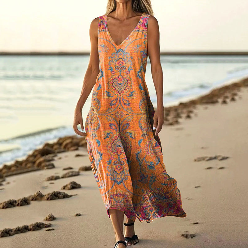 Women's Retro Ethnic Totem Art V-neck Sleeveless Dress artswardrobe