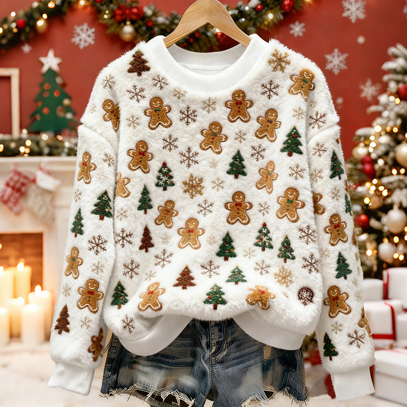 Comstylish Cute Snowflake And Christmas Tree Pattern Warm Crew Neck Sweater