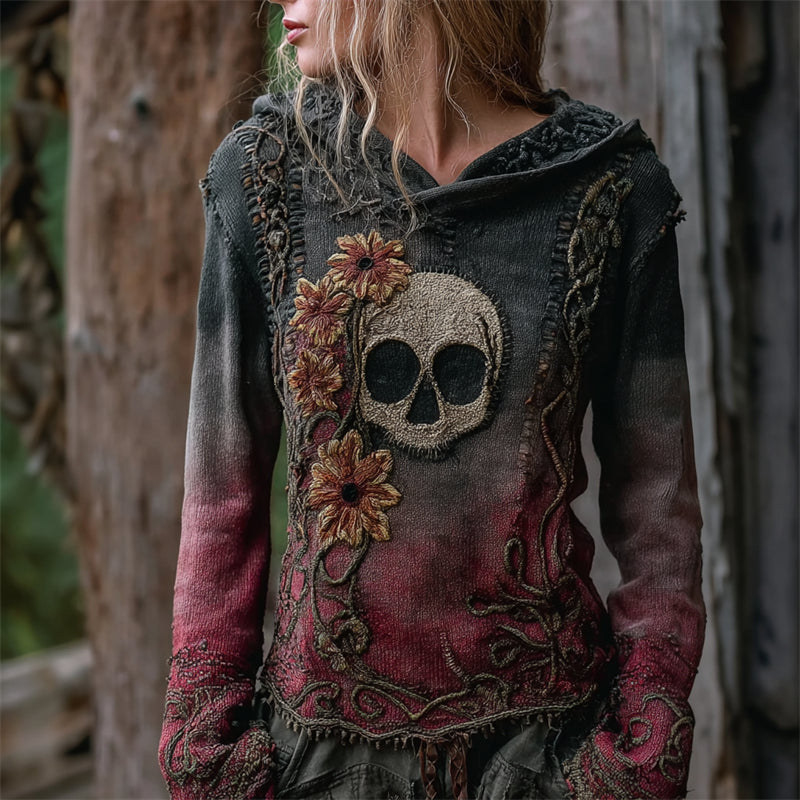 Vintage Skull Floral Celtic Gradient Cozy Knit Hooded Sweater artswardrobe