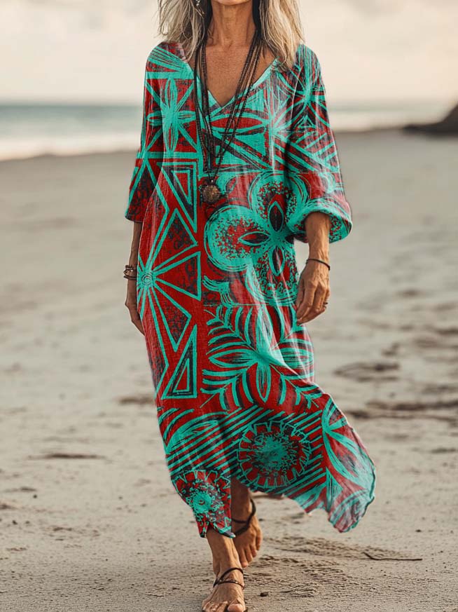 Women's Irregular Line Floral Art Print Pocket Cotton Dresses