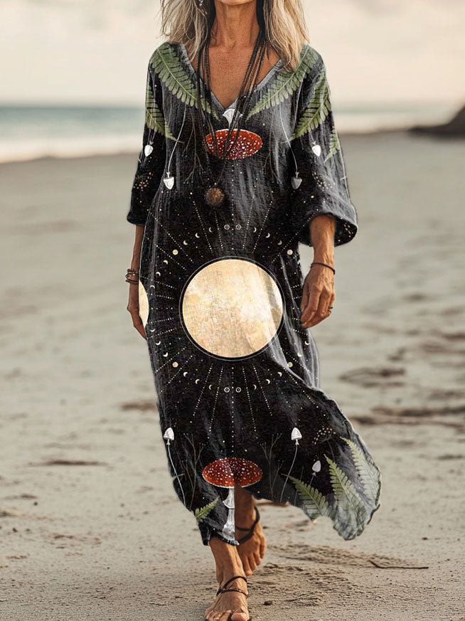 Women's Moon Botanical Mushroom Pattern Art Print Pocket Cotton Dress