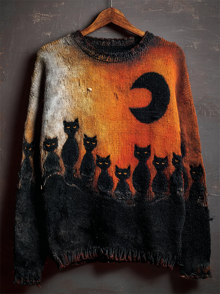 Halloween Night Black Cats Contrast Cozy Knit Sweater elevenforest