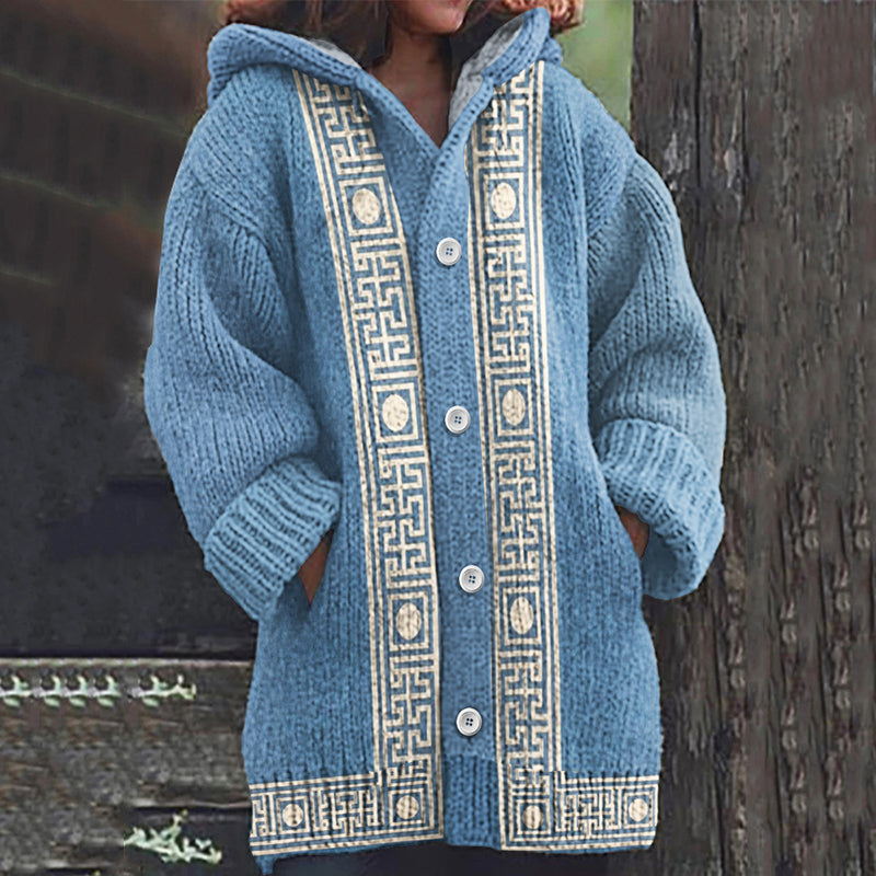 Women's Greek Geometric Jacquard Knit Cozy Hooded Cardigan artswardrobe