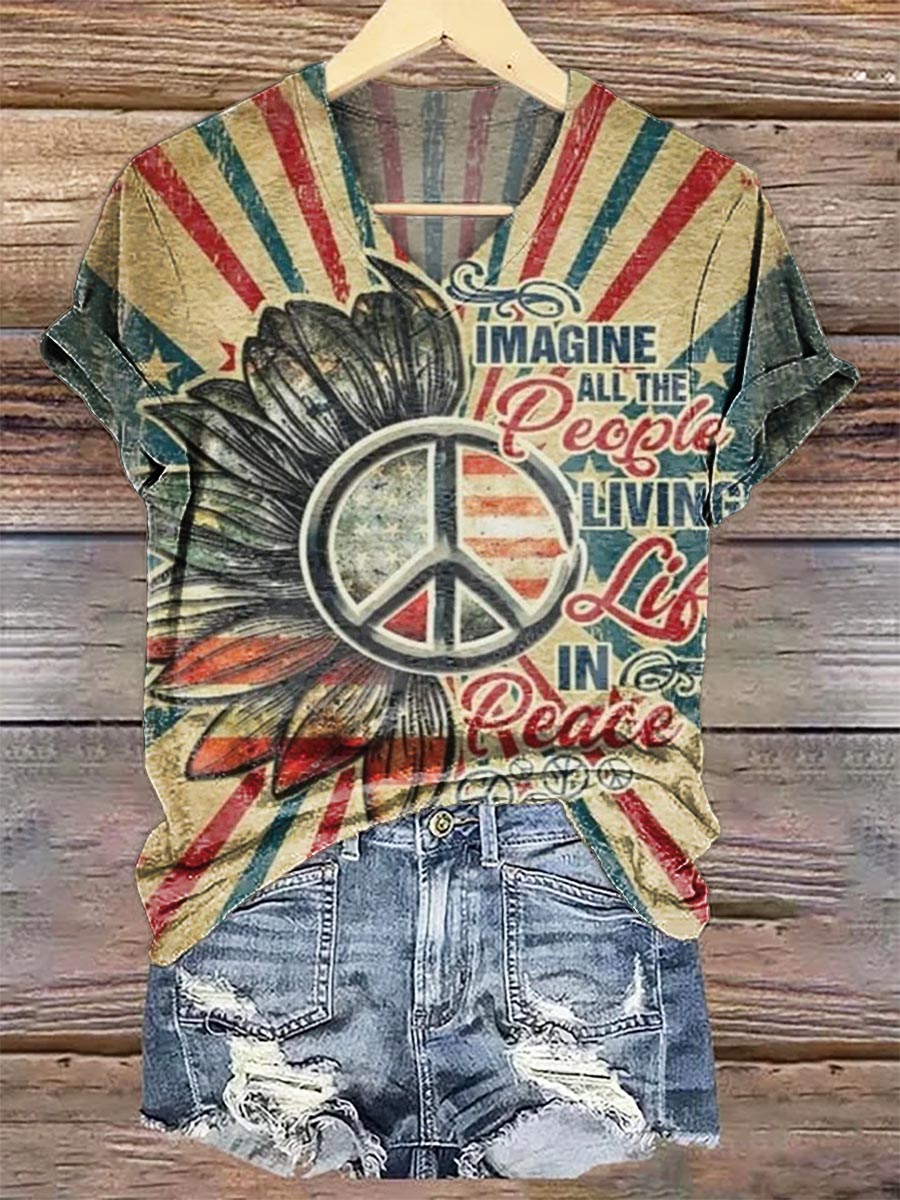 Women's Vintage Hippie Peace Love Print V Neck T-Shirt