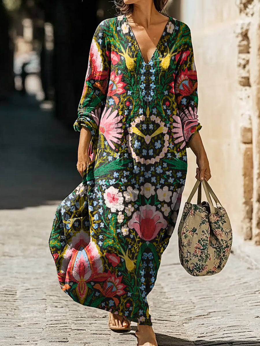 Women's Plants Flower Art Print Pocket Cotton Dress