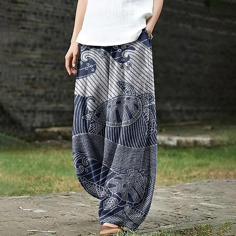 Comstylish Women‘s Japanese Art Sea Turtle Cozy Linen Blend Pants