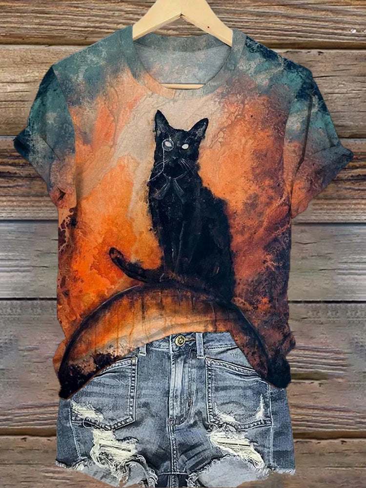 Women's Halloween Black Cat Print T-Shirt elevenforest