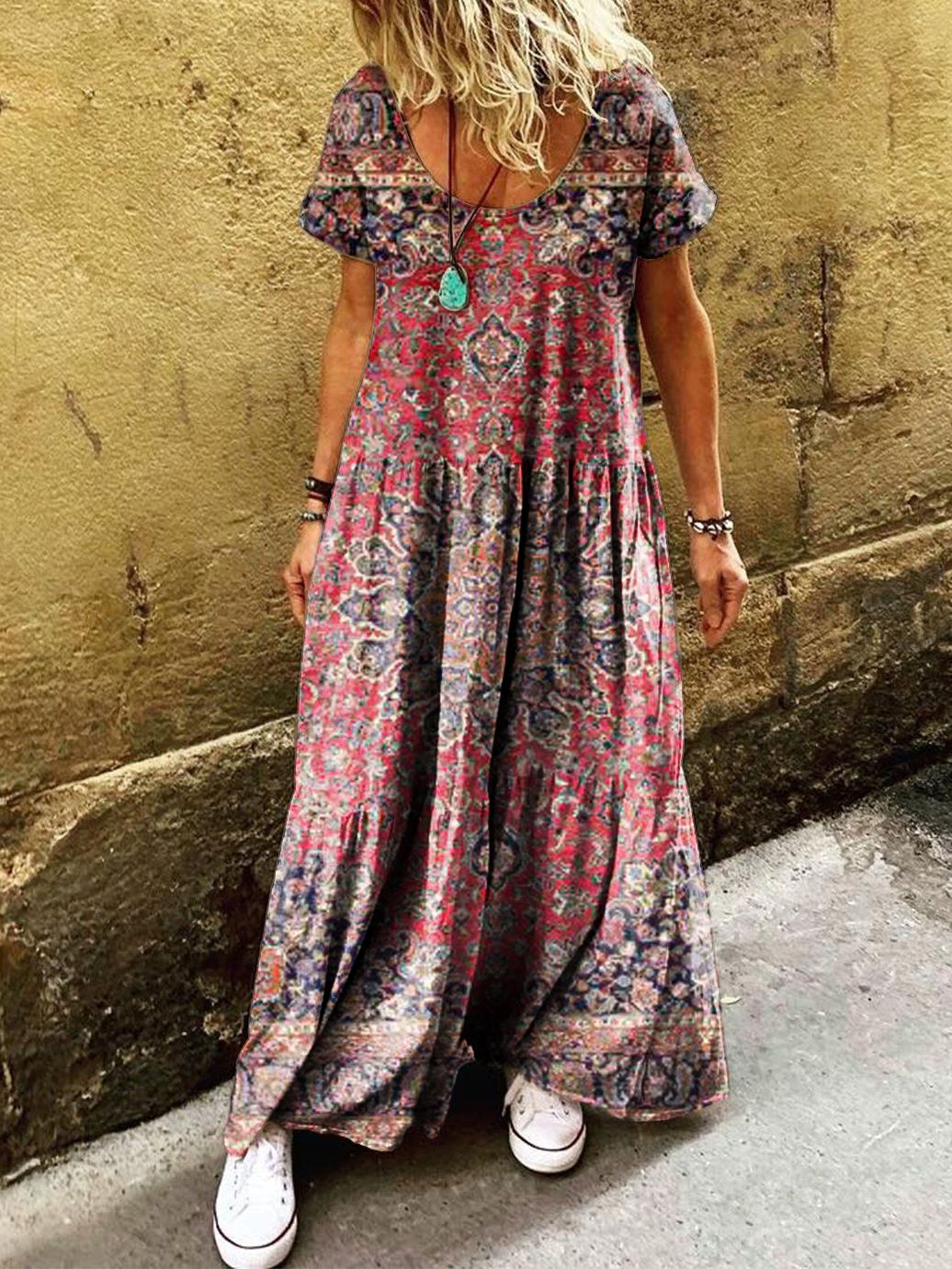 Women's Ethnic Pattern Art Printed Pocket Short Sleeve Cotton Dresses