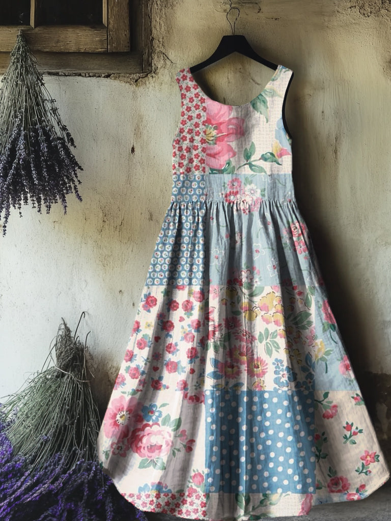 Women's Vintage Floral Patchwork Art Print Sleeveless Cotton Pocket Dr