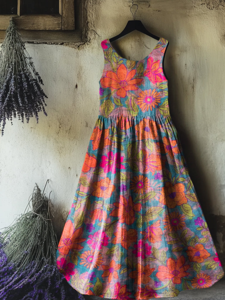 Women's Bohemian Floral Art Print Crew Neck Sleeveless Cotton Pocket D